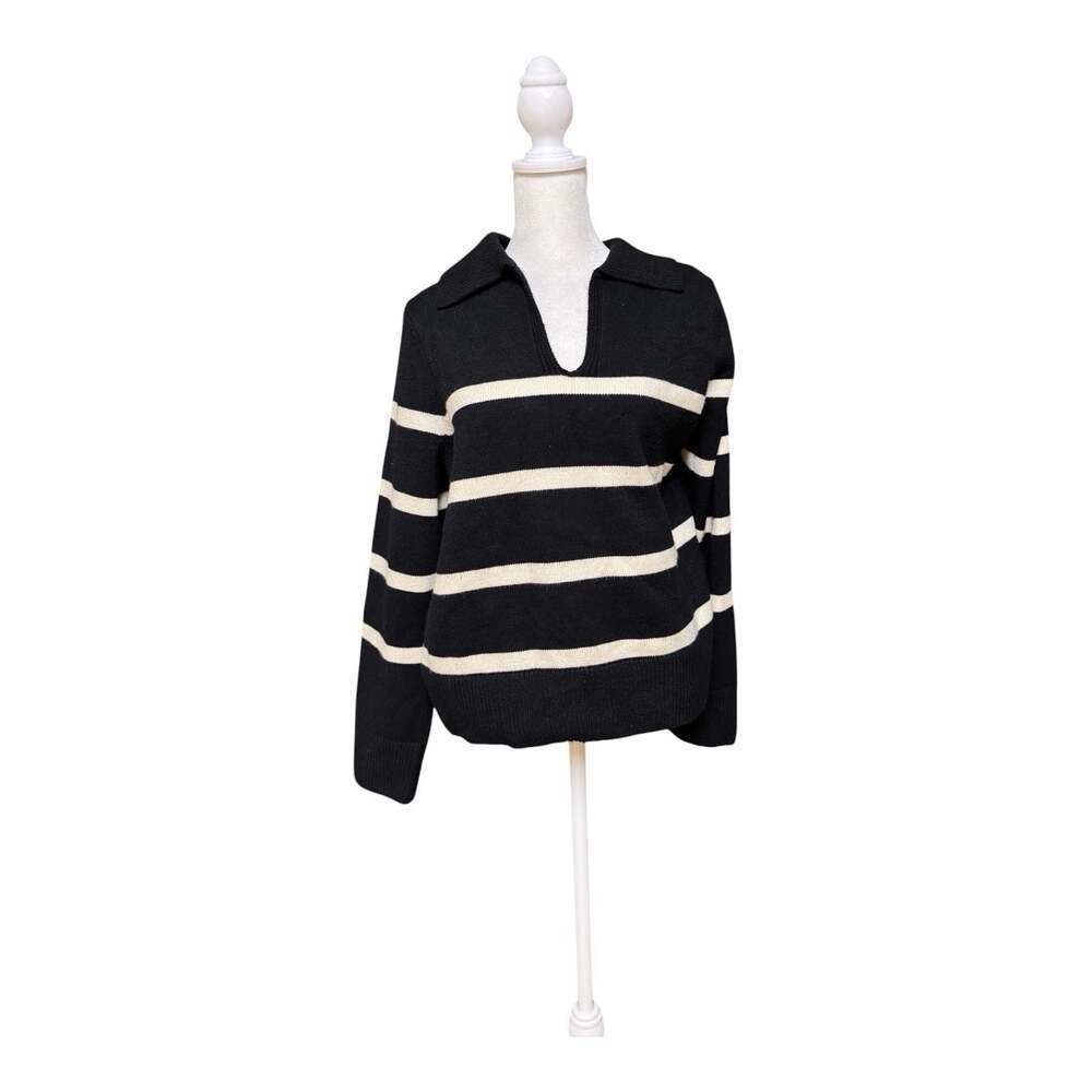 MANGO Black Cream Striped Polo Collar Sweater Women’s Medium Preppy Knit